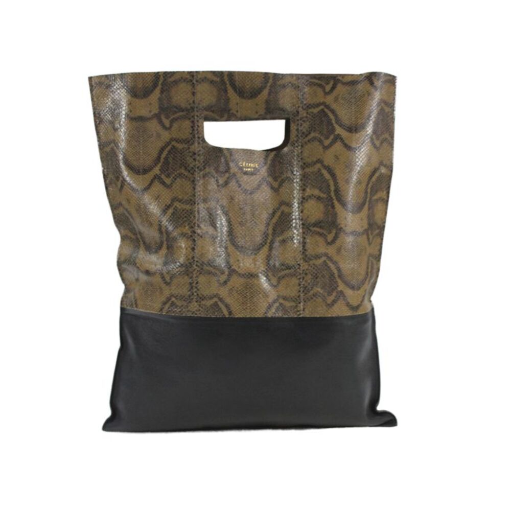 Celine Womens Double Handle Snakeskin Fold Over Clutch Handbag Brown Black